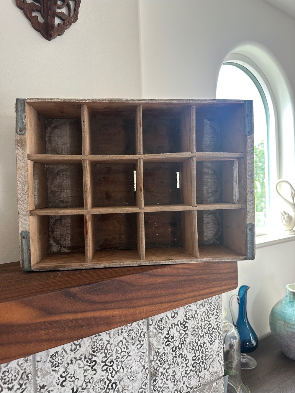 Vintage 7-Up Rustic Wooden Crate Wall Cubby Shelf - 12 boxes. 17.5” x 12”